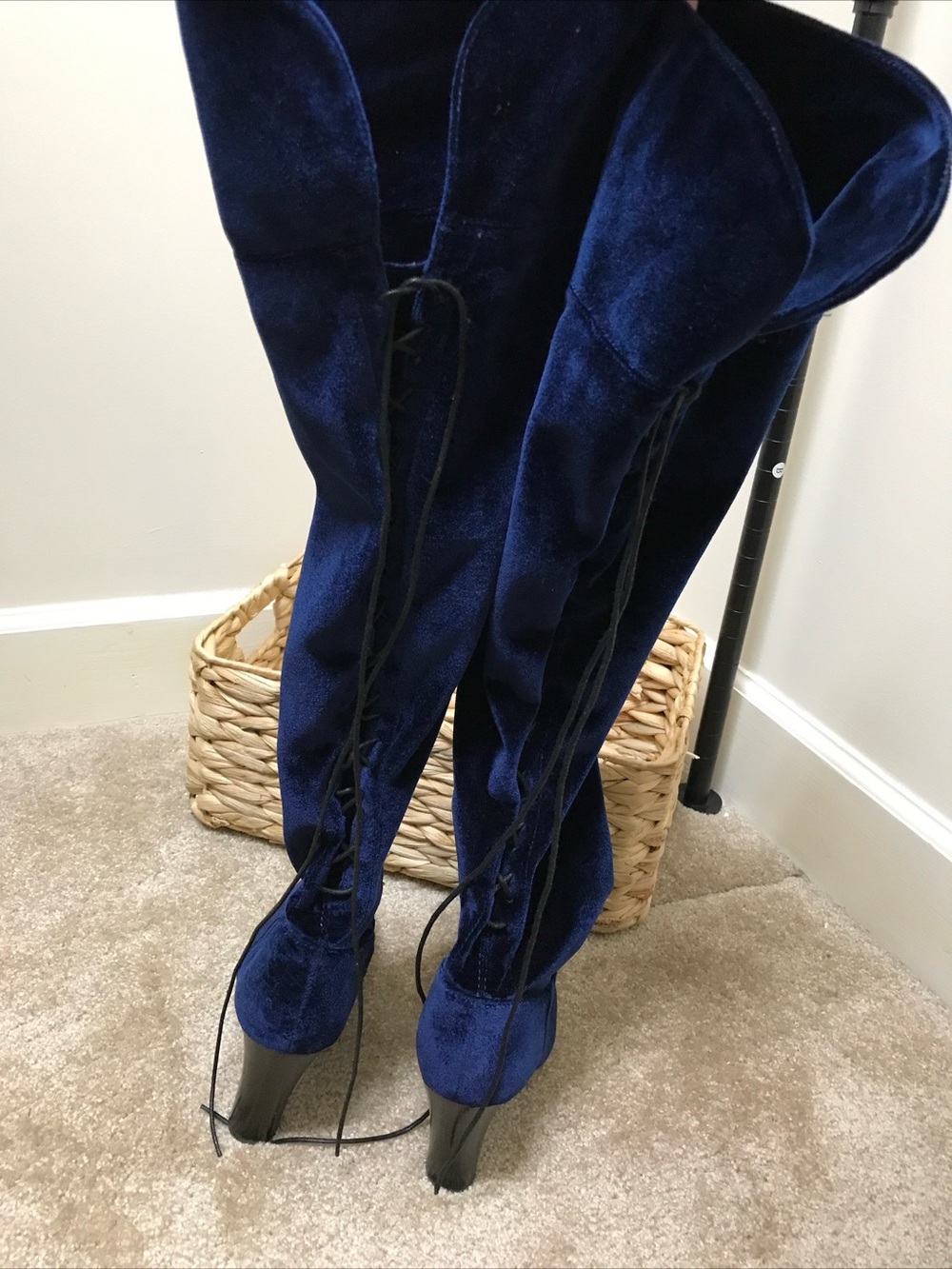 Steve Madden Over-the-Knee Velvet Lace-Up Heeled Boots - Navy